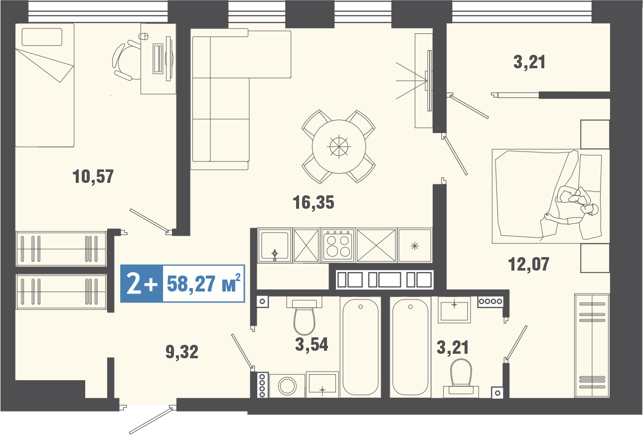 2-комнатная 58.3 м2 в ЖК Мозаика Парк, 2 очередь, Мозаика Парк корпус null этаж 4